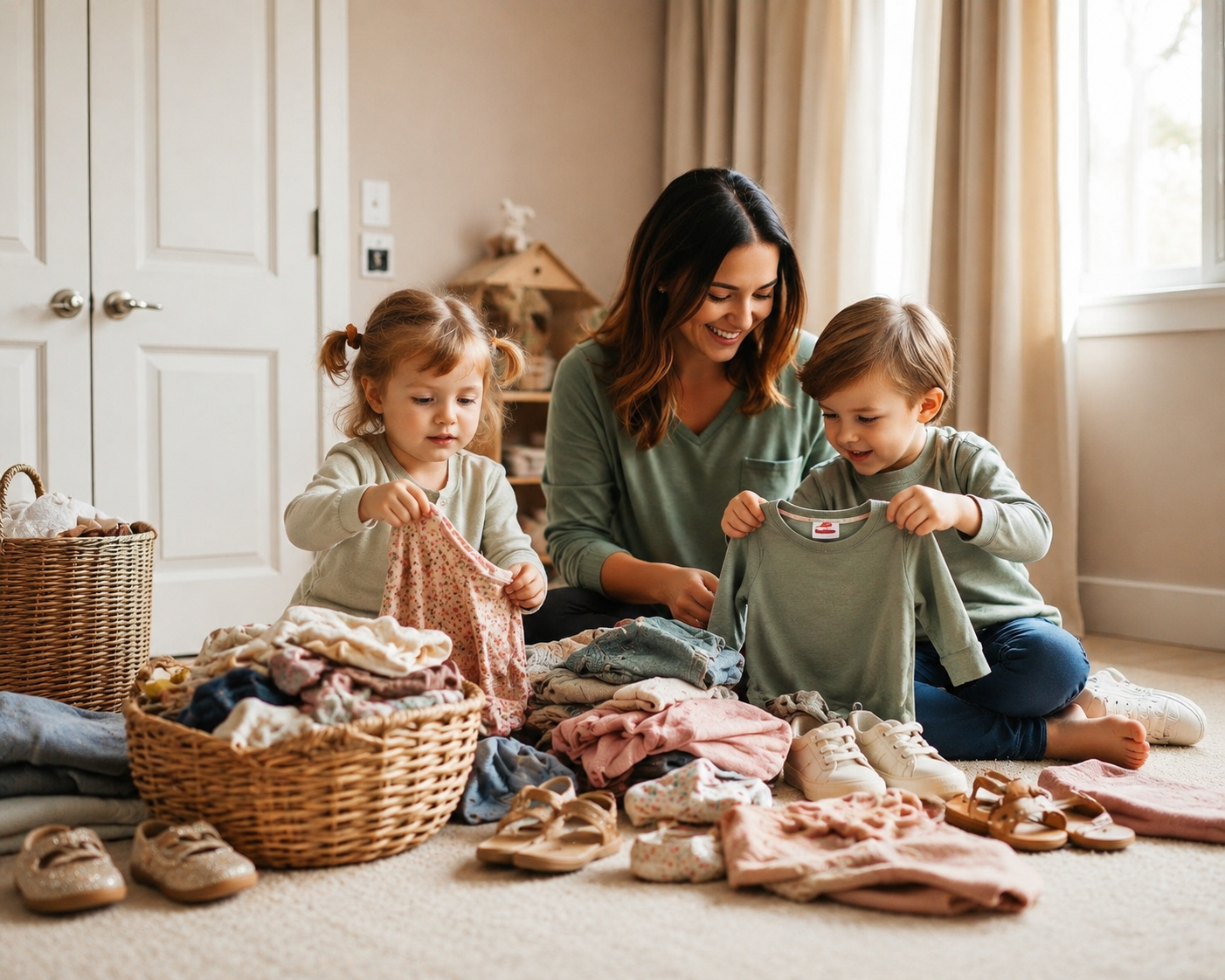 A family organizing children's clothes together