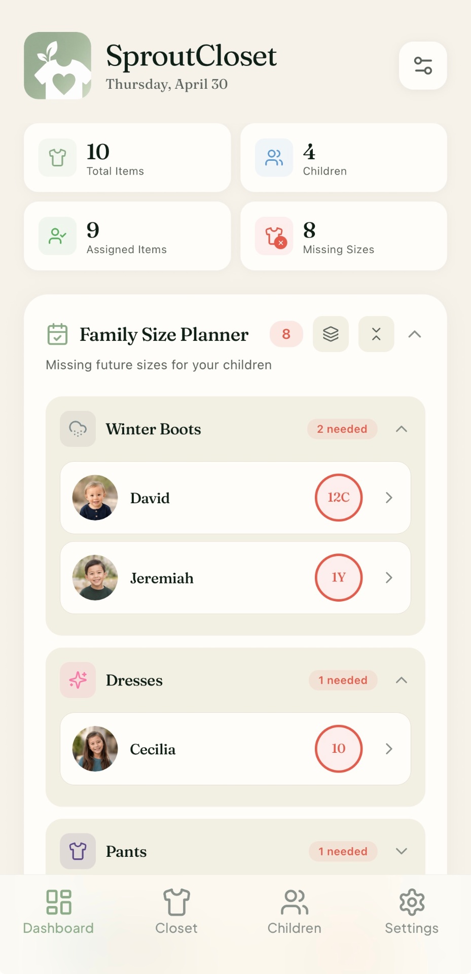 SproutCloset dashboard showing family size planner